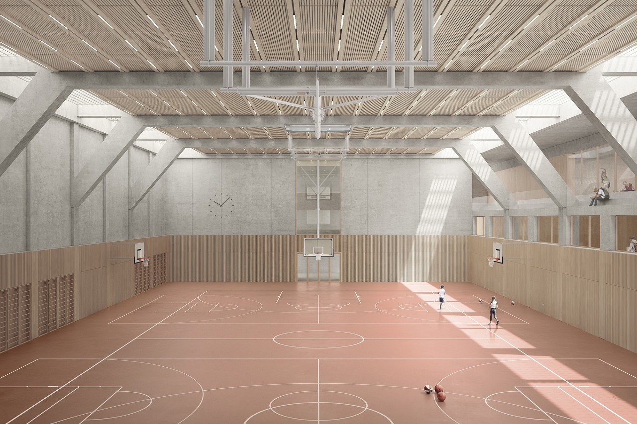 Schulanlage Utogrund Siegerprojekt DÜRRENMATT ‒ Blick in die Doppelsporthalle (Visualisierung: imagine we create. Matosinhos, Portugal)